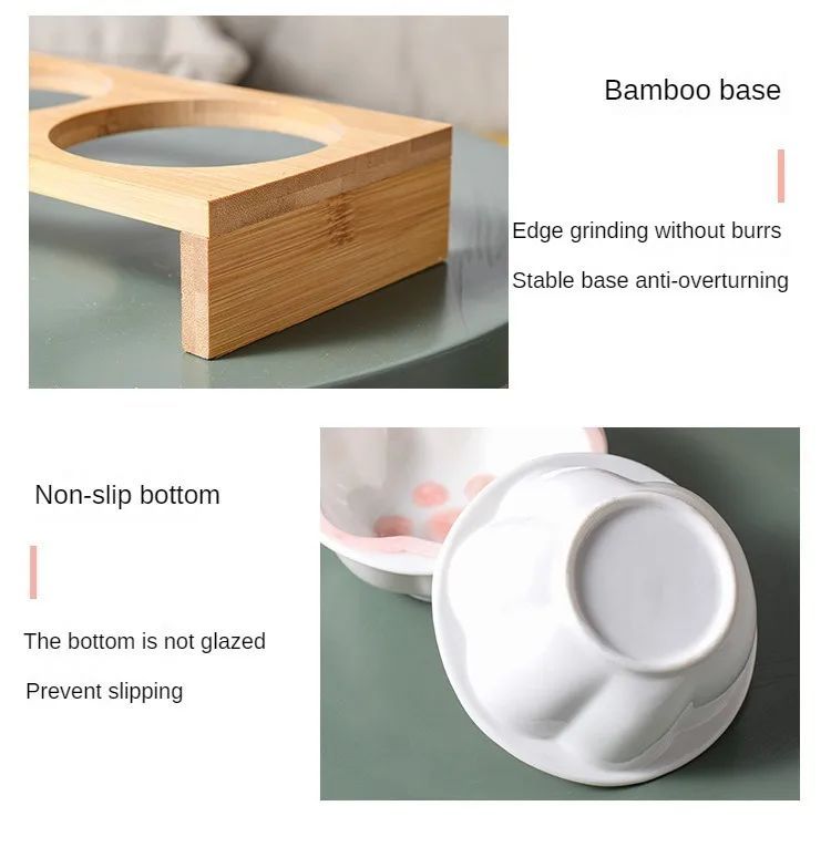 Bamboo Frame Ceramic Pet Bowl for Cats and Small Dogs