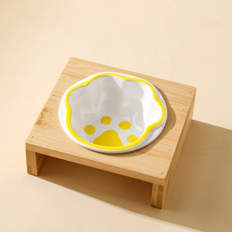 Bamboo Frame Ceramic Pet Bowl for Cats and Small Dogs
