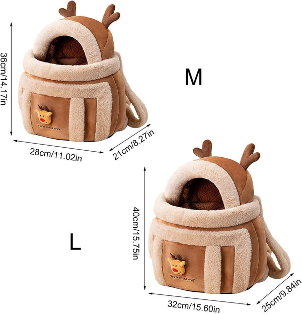 Plush Reindeer Dog Carrier Backpack with Hand Warmers for Winter Travel