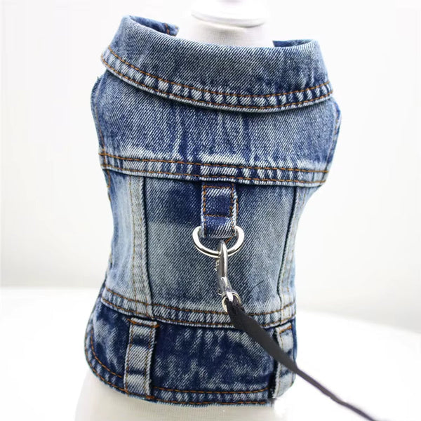 Pawvibe Denim Jacket for small dogs, stylish blue jean dog vest with leash attachment.
