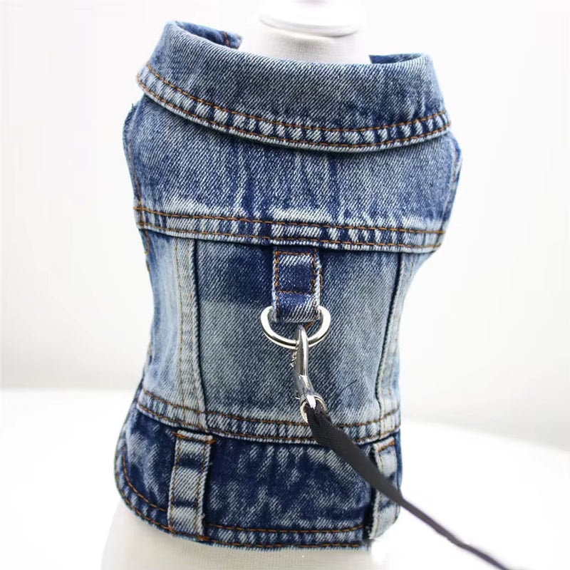 Pawvibe Denim Jacket for small dogs, stylish blue jean dog vest with leash attachment.