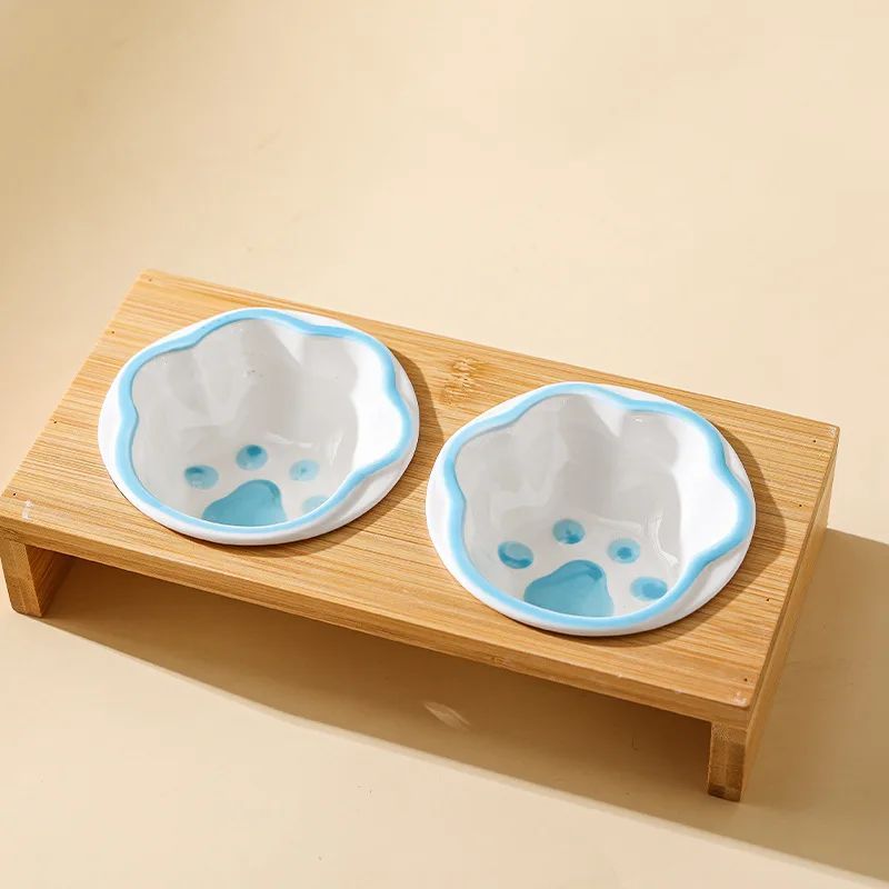 Bamboo Frame Ceramic Pet Bowl for Cats and Small Dogs