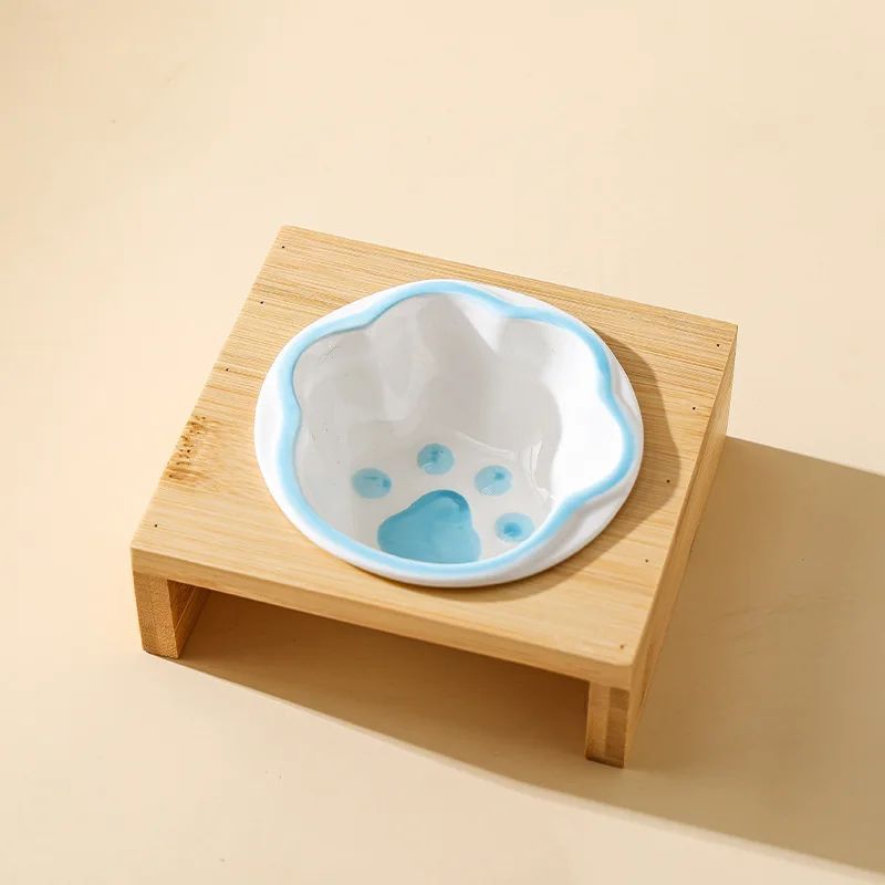 Bamboo Frame Ceramic Pet Bowl for Cats and Small Dogs