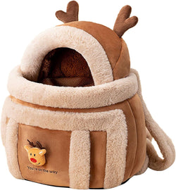 Plush Reindeer Dog Carrier Backpack with Hand Warmers for Winter Travel