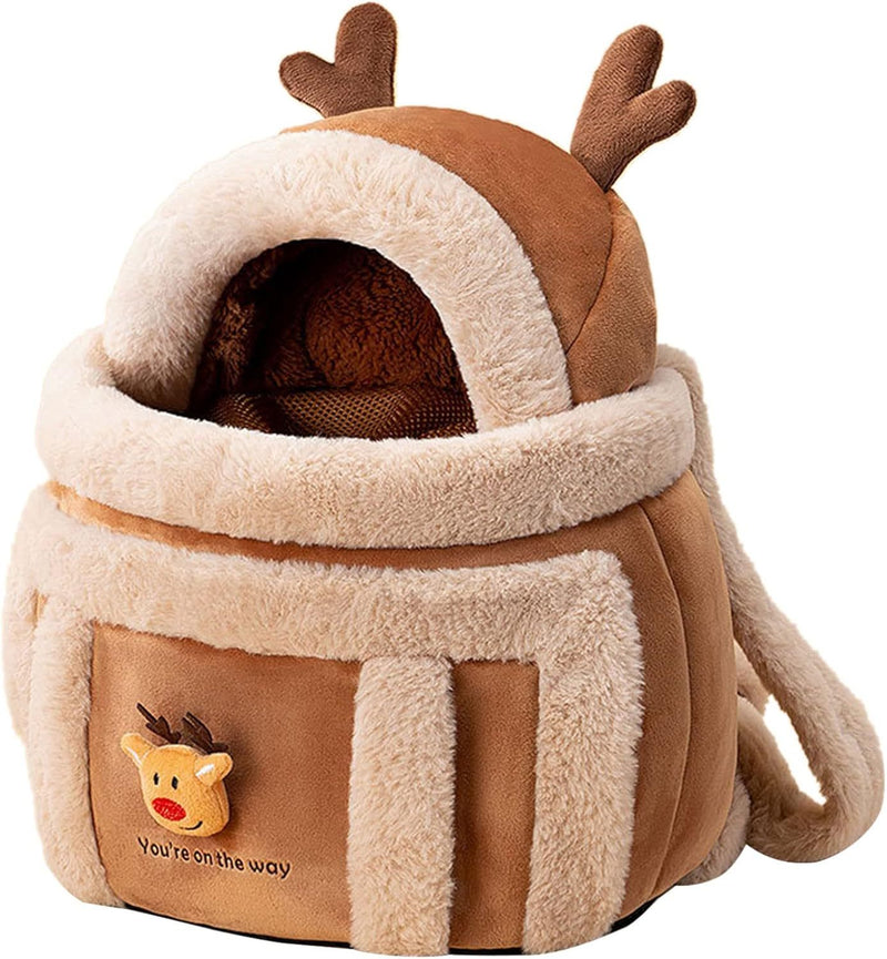 Plush Reindeer Dog Carrier Backpack with Hand Warmers for Winter Travel