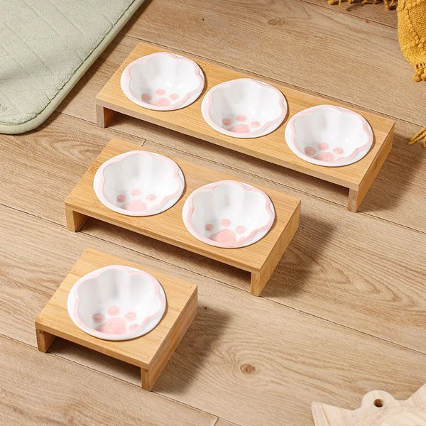 Bamboo Frame Ceramic Pet Bowl for Cats and Small Dogs