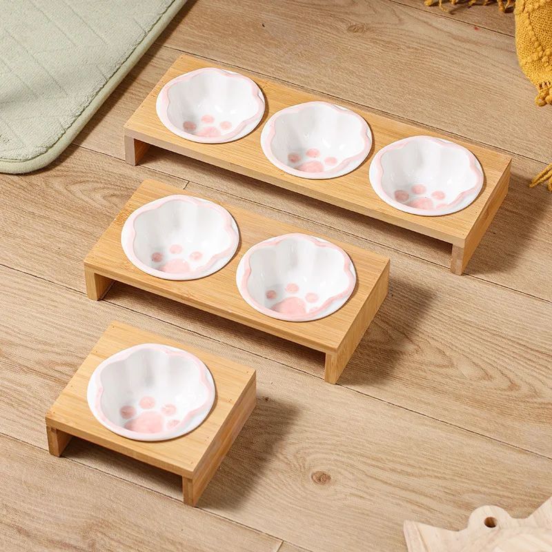 Bamboo Frame Ceramic Pet Bowl for Cats and Small Dogs