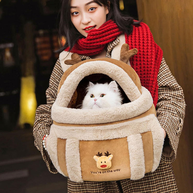 Plush Reindeer Dog Carrier Backpack with Hand Warmers for Winter Travel