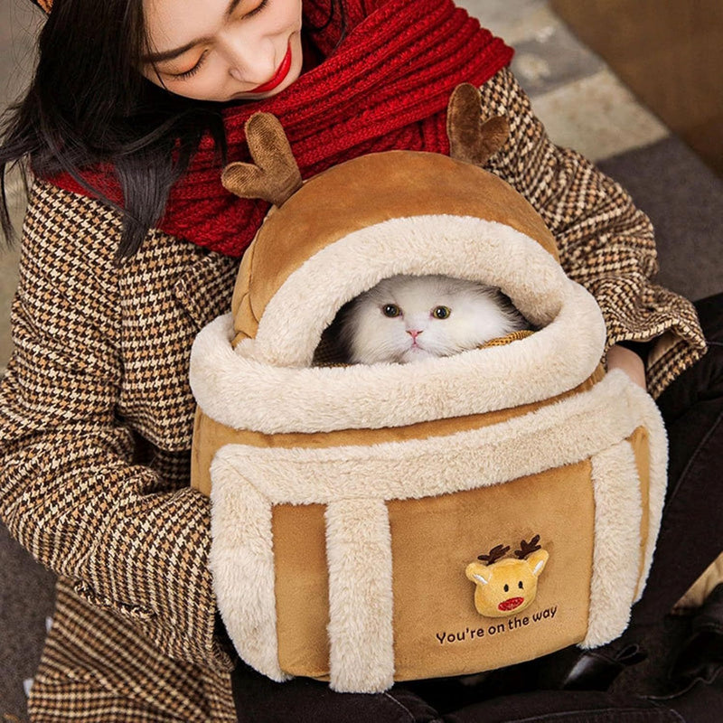 Plush Reindeer Dog Carrier Backpack with Hand Warmers for Winter Travel