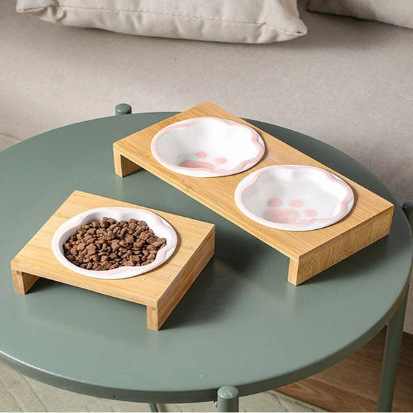 Bamboo Frame Ceramic Pet Bowl for Cats and Small Dogs
